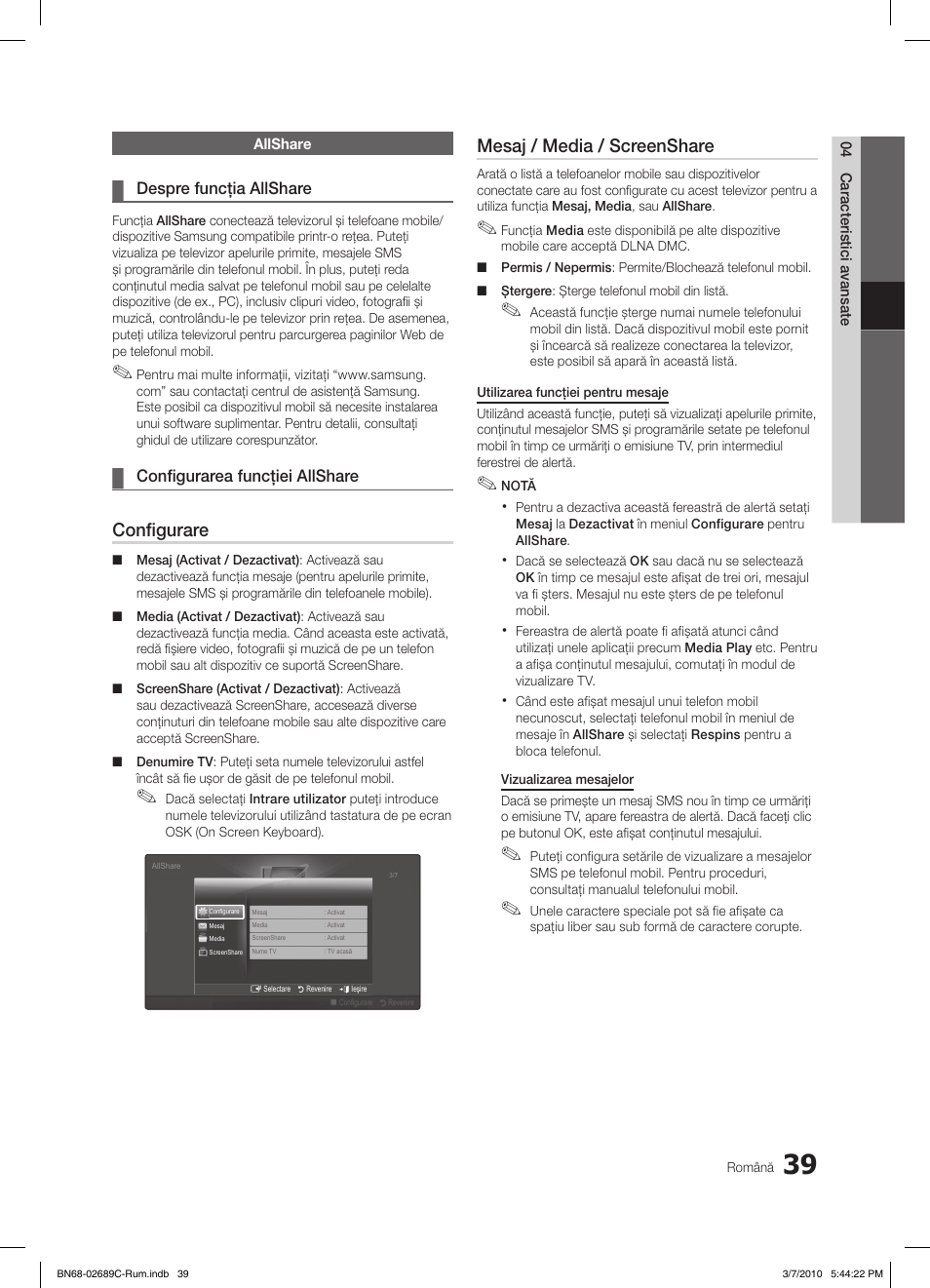Configurare, Mesaj / media / screenshare | Samsung LE40C630K1W User Manual | Page 431 / 491