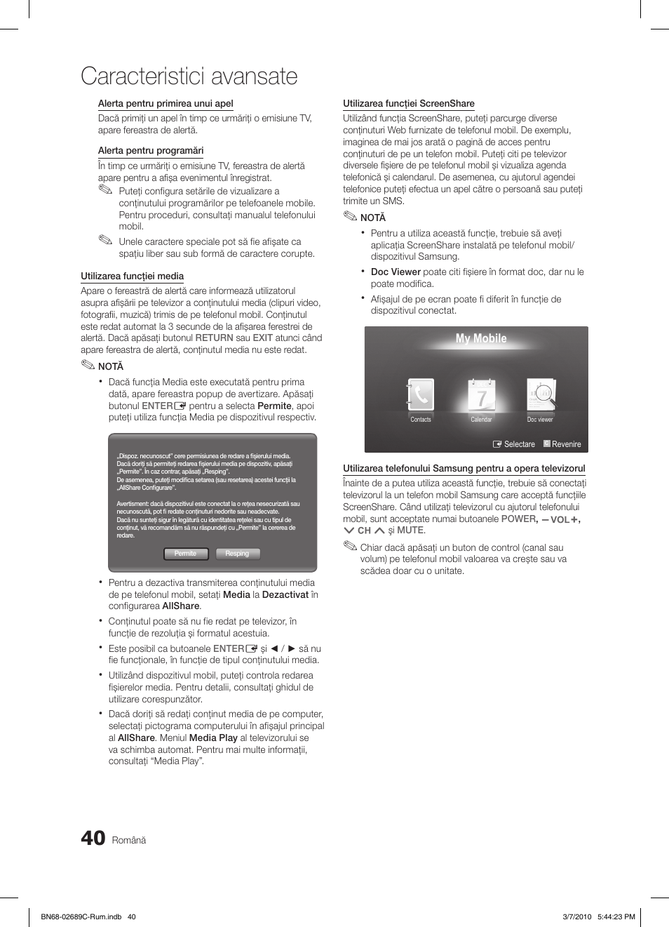 Caracteristici avansate | Samsung LE40C630K1W User Manual | Page 432 / 491