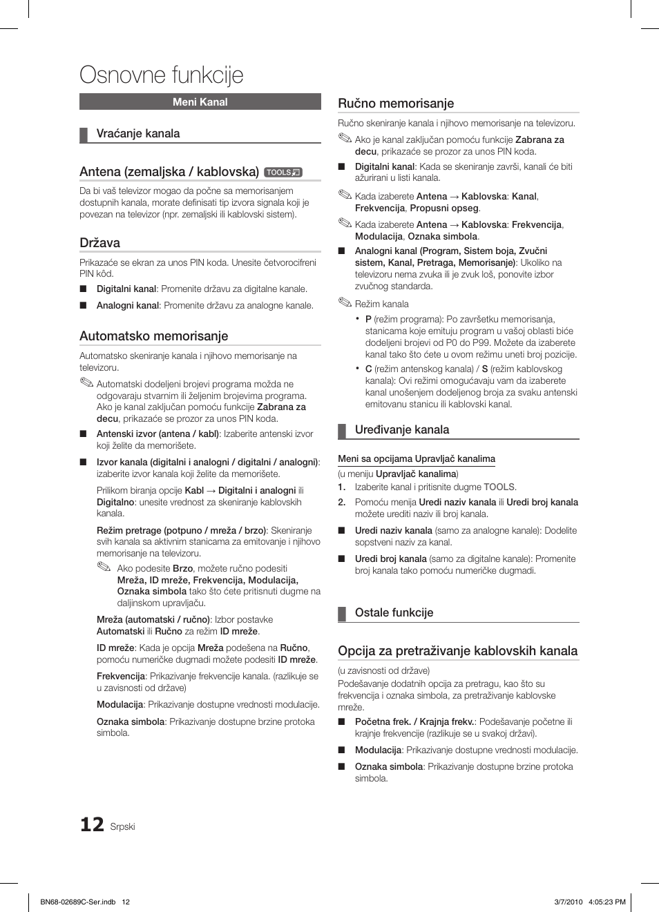 Osnovne funkcije, Antena (zemaljska / kablovska), Država | Opcija za pretraživanje kablovskih kanala | Samsung LE40C630K1W User Manual | Page 453 / 491