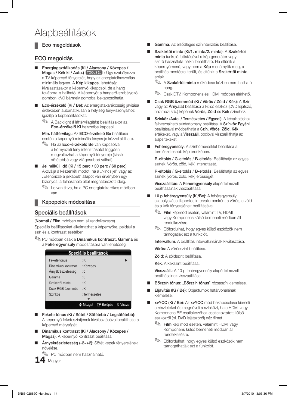 Alapbeállítások, Eco megoldás, Speciális beállítások | Samsung LE40C630K1W User Manual | Page 63 / 491