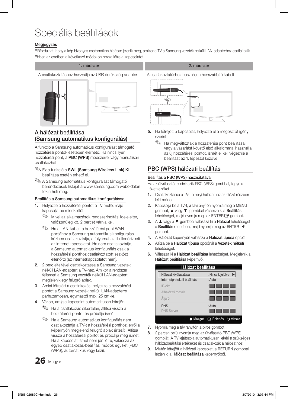 Speciális beállítások, Pbc (wps) hálózati beállítás | Samsung LE40C630K1W User Manual | Page 75 / 491