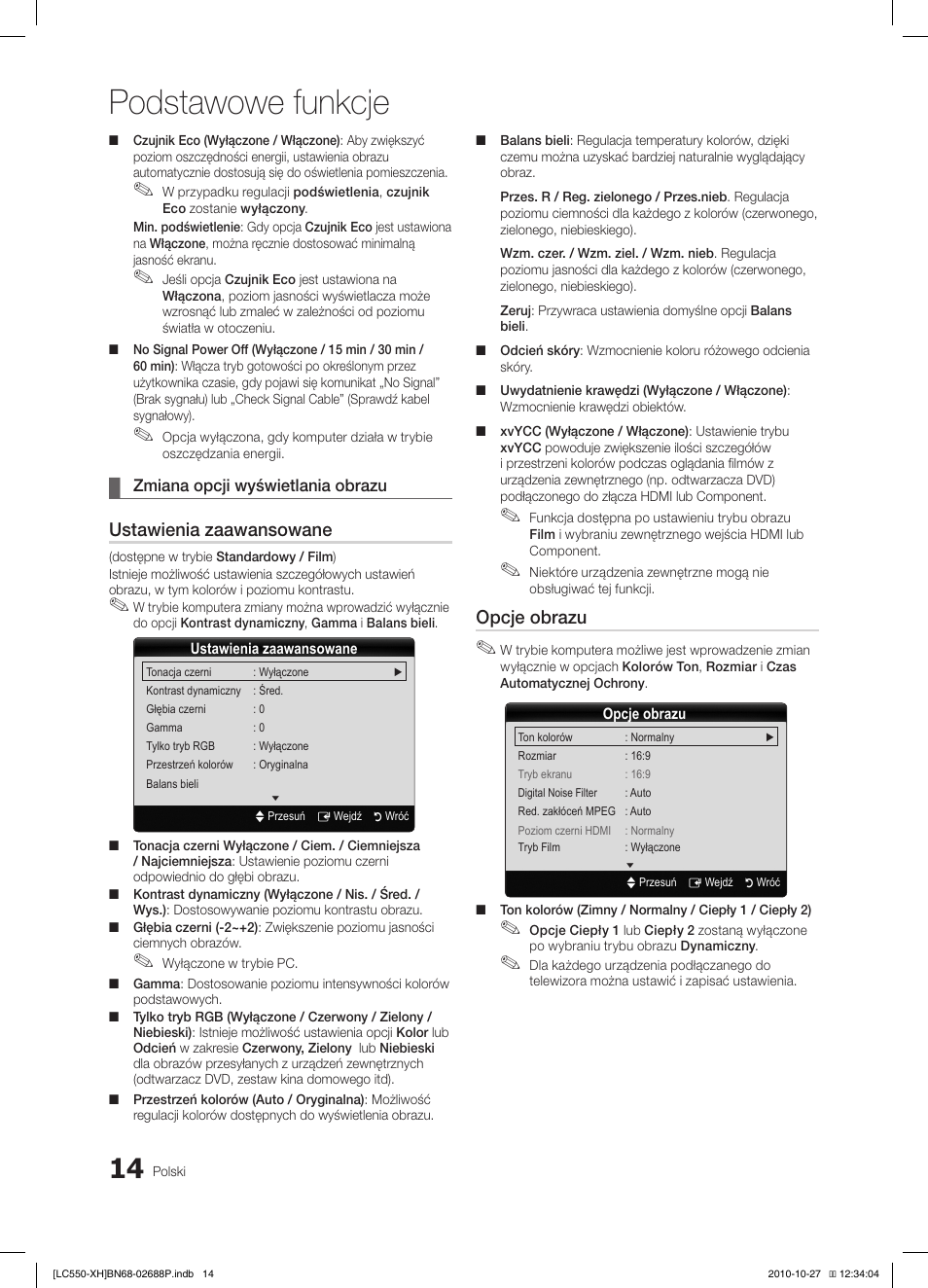 Podstawowe funkcje, Ustawienia zaawansowane, Opcje obrazu | Samsung LE32C550J1W User Manual | Page 112 / 491