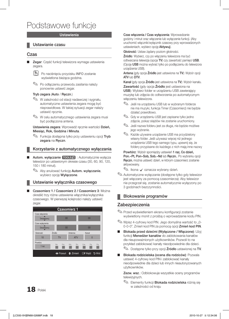Podstawowe funkcje, Czas, Zabezpieczenia | Samsung LE32C550J1W User Manual | Page 116 / 491