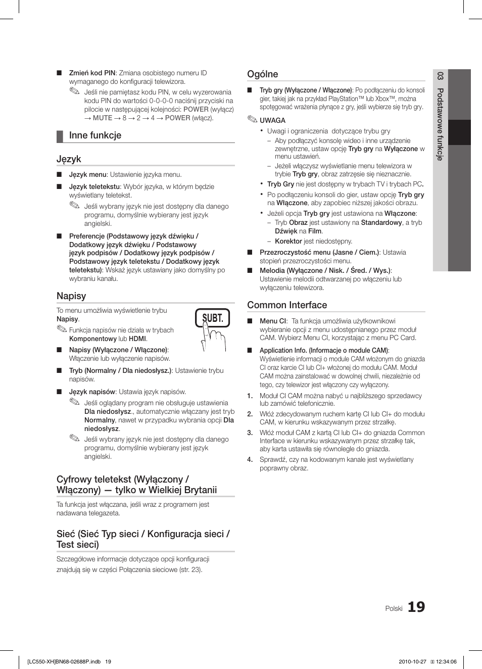 Inne funkcje ¦ język, Napisy, Ogólne | Common interface | Samsung LE32C550J1W User Manual | Page 117 / 491