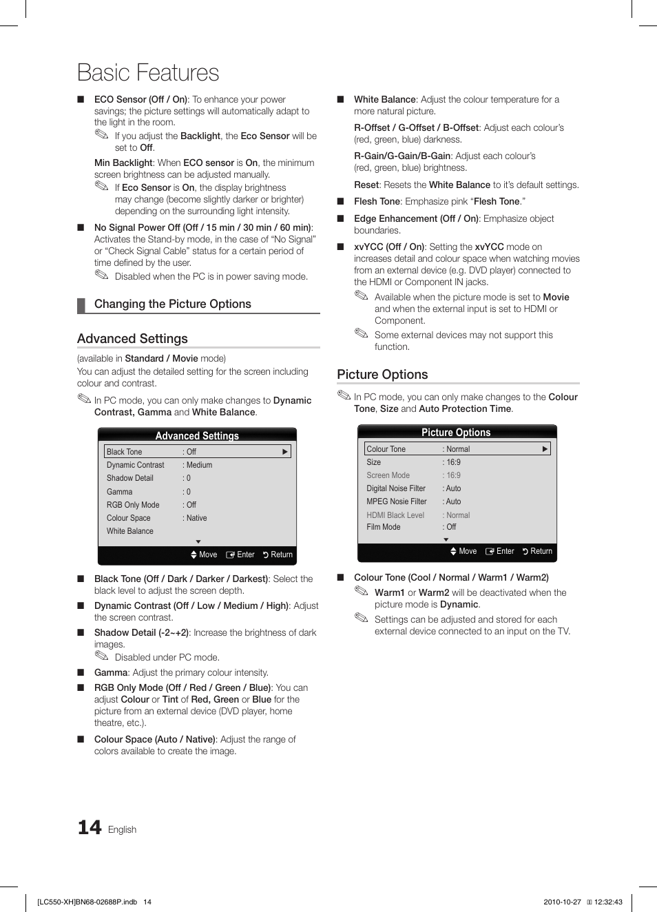 Basic features, Advanced settings, Picture options | Samsung LE32C550J1W User Manual | Page 14 / 491