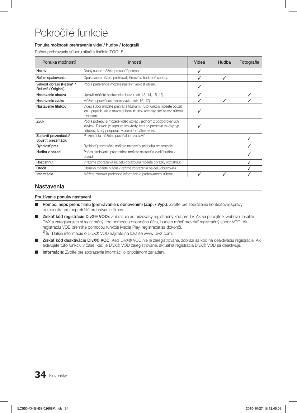 Pokročilé funkcie, Nastavenia | Samsung LE32C550J1W User Manual | Page 377 / 491