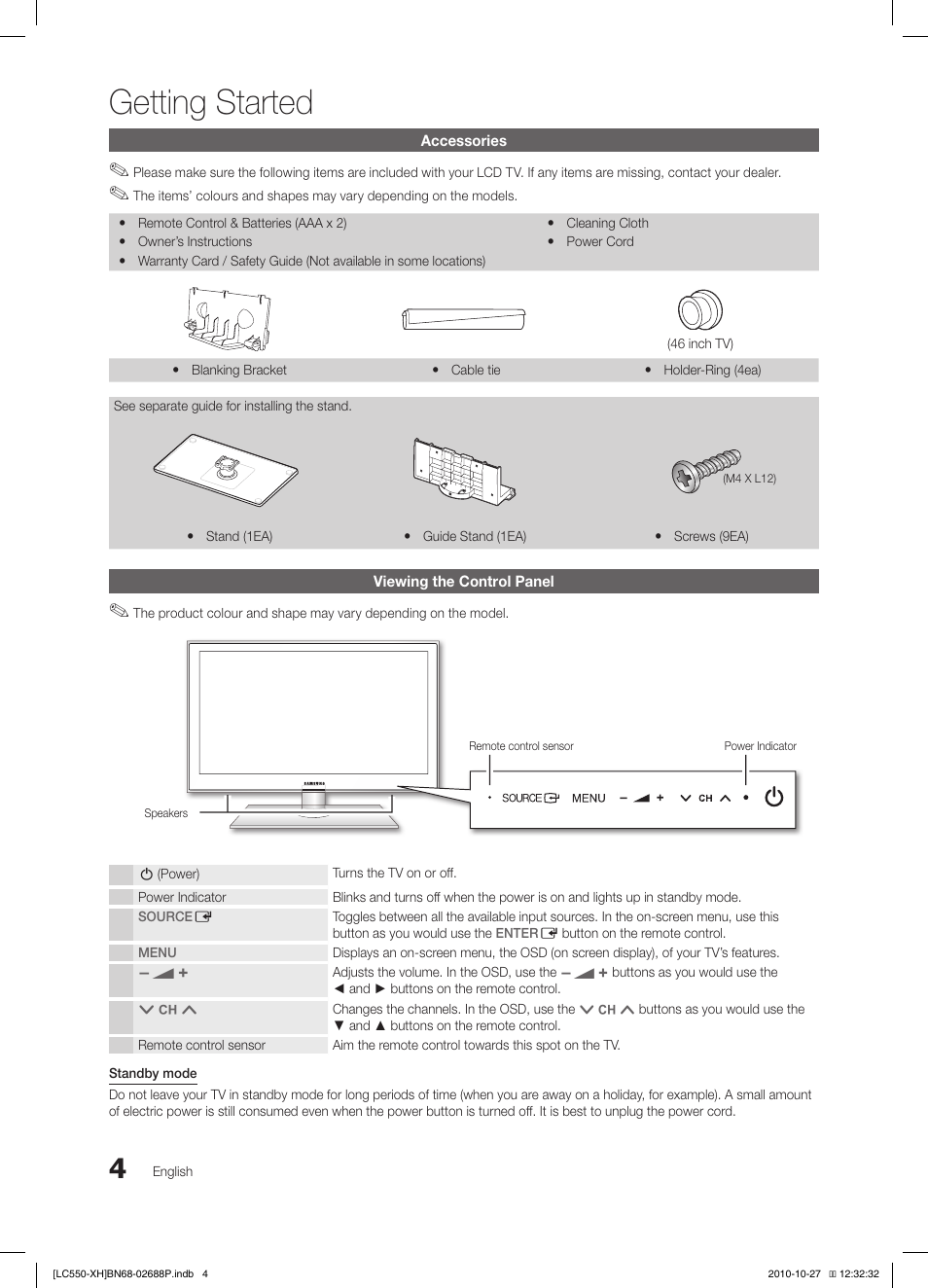 Getting started | Samsung LE32C550J1W User Manual | Page 4 / 491