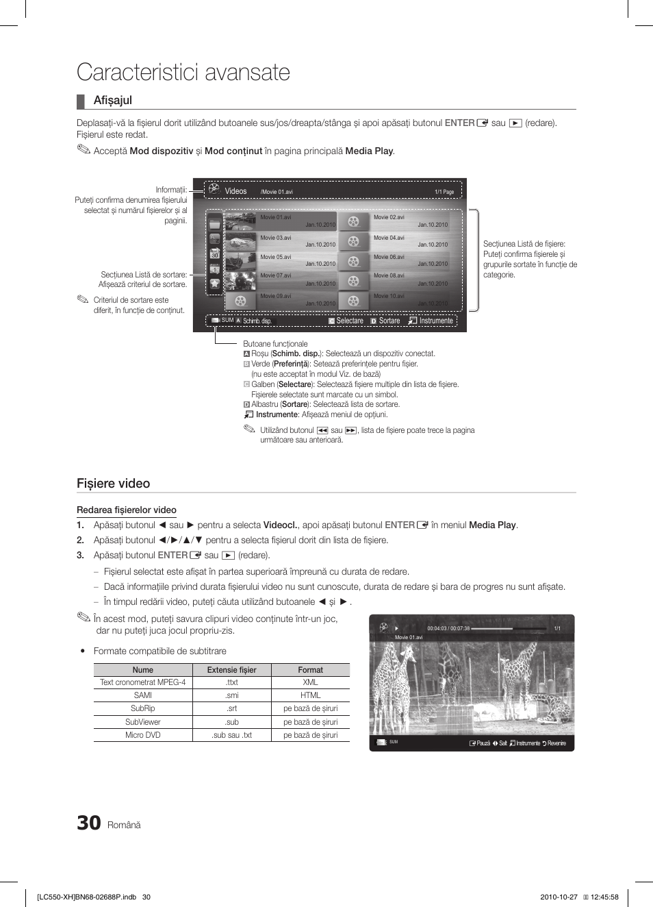 Caracteristici avansate, Fişiere video, Afişajul | Samsung LE32C550J1W User Manual | Page 422 / 491