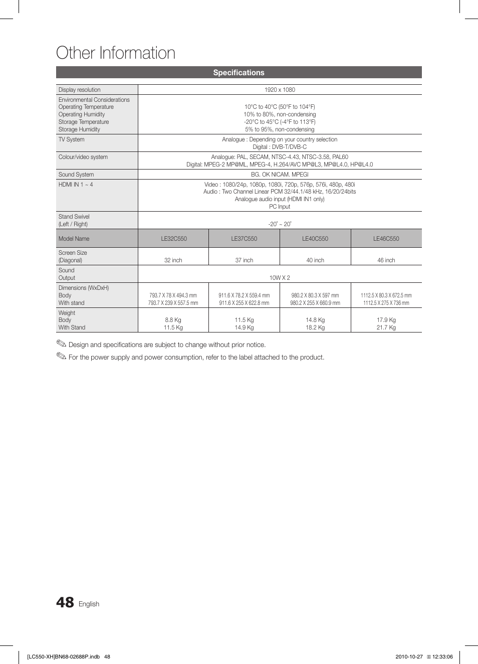 Other information | Samsung LE32C550J1W User Manual | Page 48 / 491