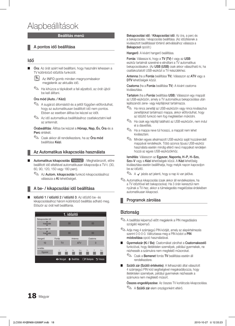 Alapbeállítások, Biztonság | Samsung LE32C550J1W User Manual | Page 67 / 491