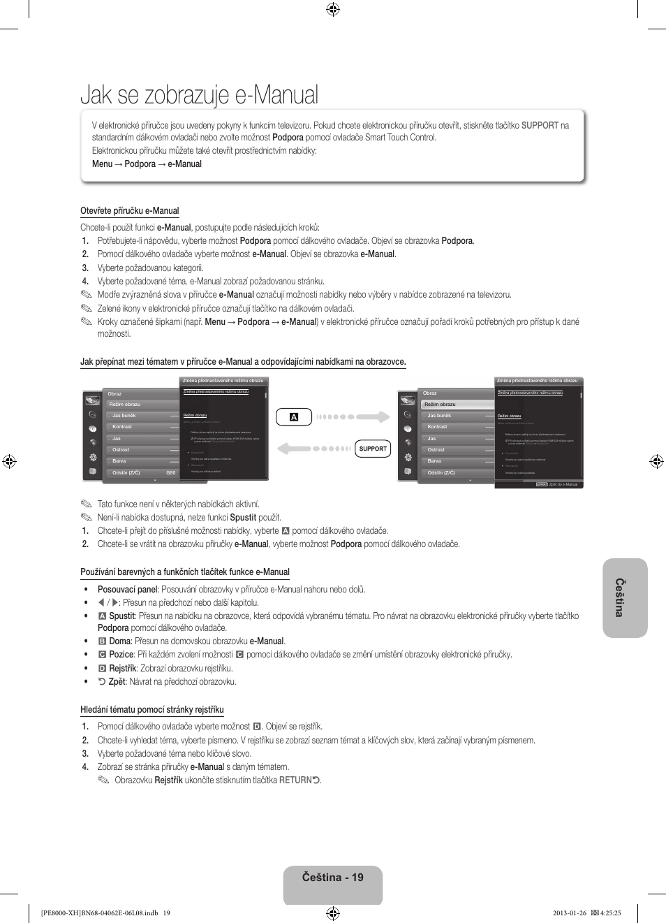 Jak se zobrazuje e-manual, Čeština, Čeština - 19 | Tato funkce není v některých nabídkách aktivní | Samsung PS51D8000FS User Manual | Page 157 / 185