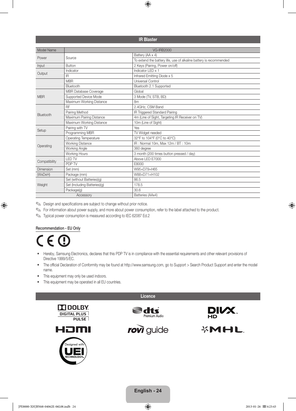 Samsung PS51D8000FS User Manual | Page 24 / 185