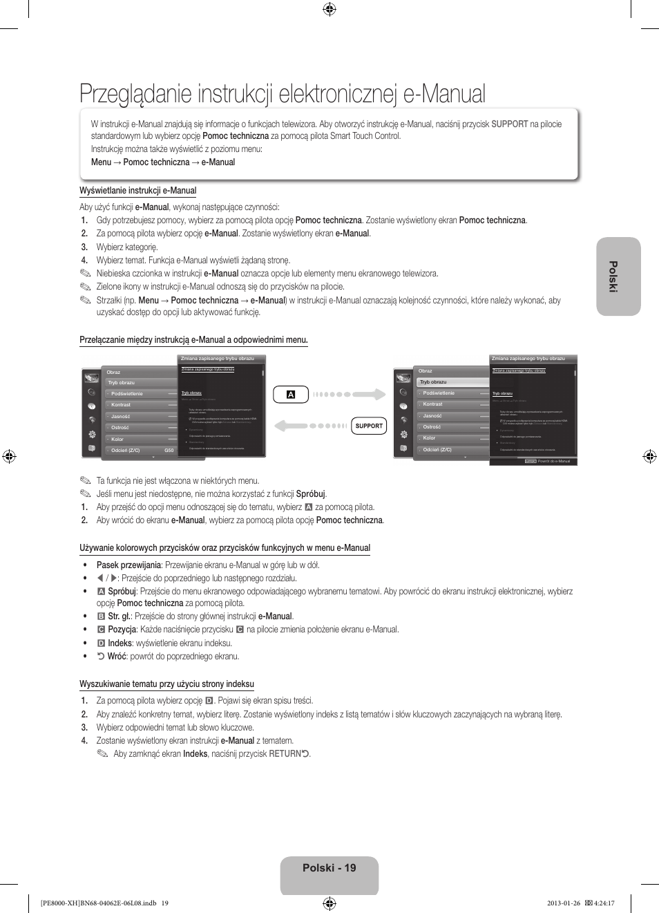 Przeglądanie instrukcji elektronicznej e-manual, Polski, Polski - 19 | Ta funkcja nie jest włączona w niektórych menu | Samsung PS51D8000FS User Manual | Page 65 / 185
