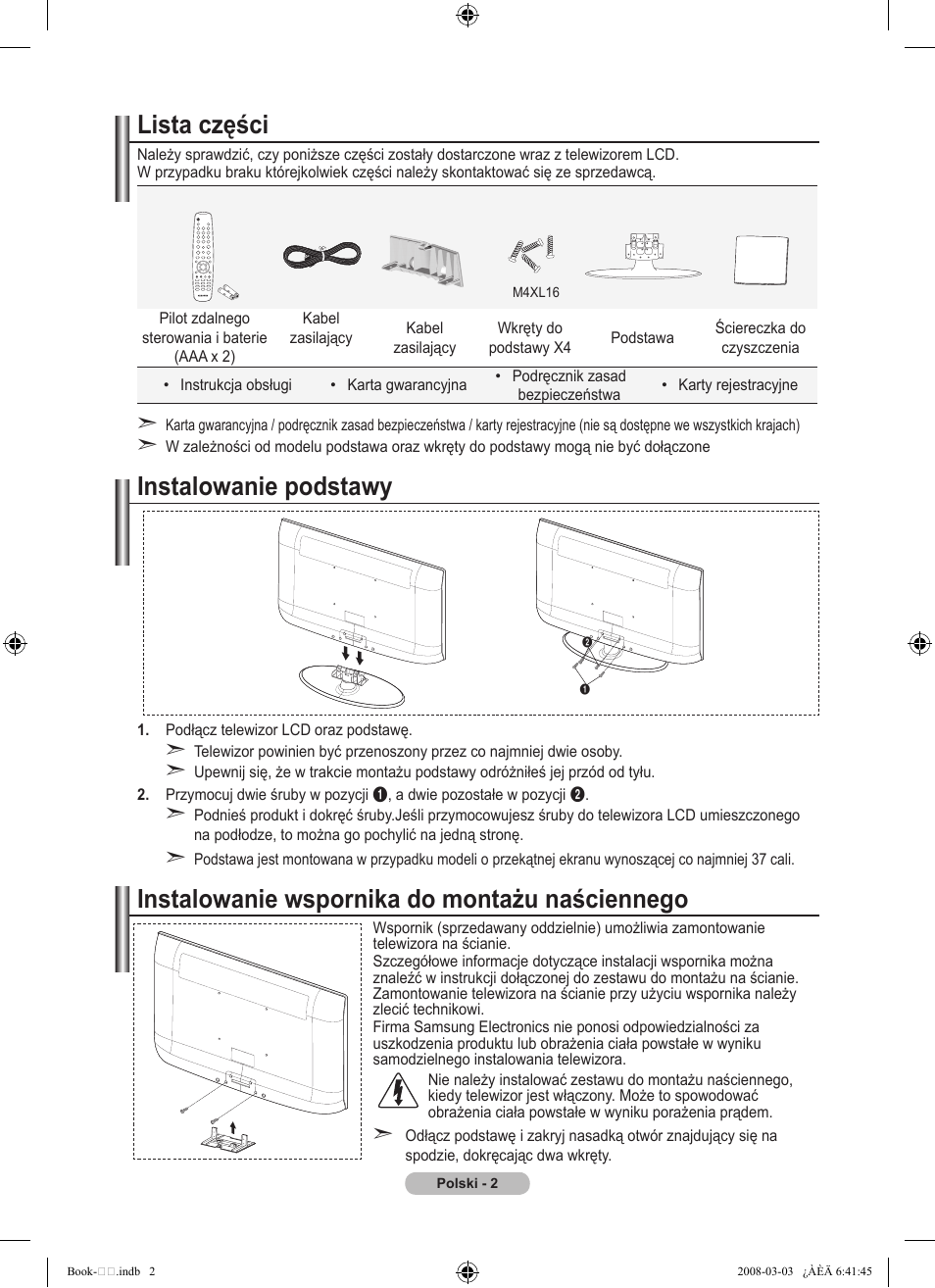 Lista części, Instalowanie podstawy, Instalowanie wspornika do montażu naściennego | Samsung LE32A450C2 User Manual | Page 358 / 533