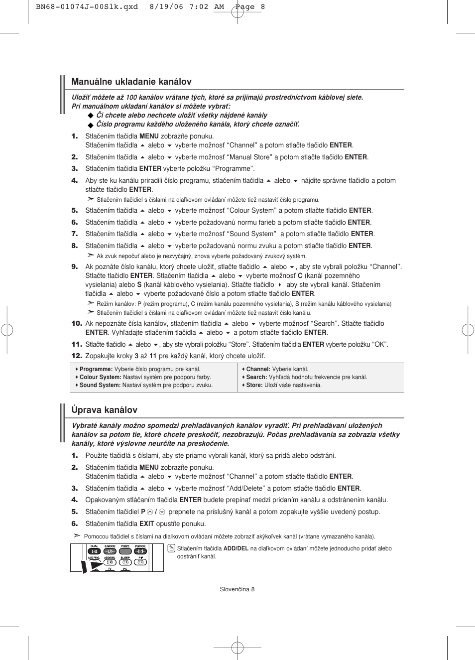 Manuálne ukladanie kanálov, Úprava kanálov | Samsung LE23R71W User Manual | Page 115 / 171