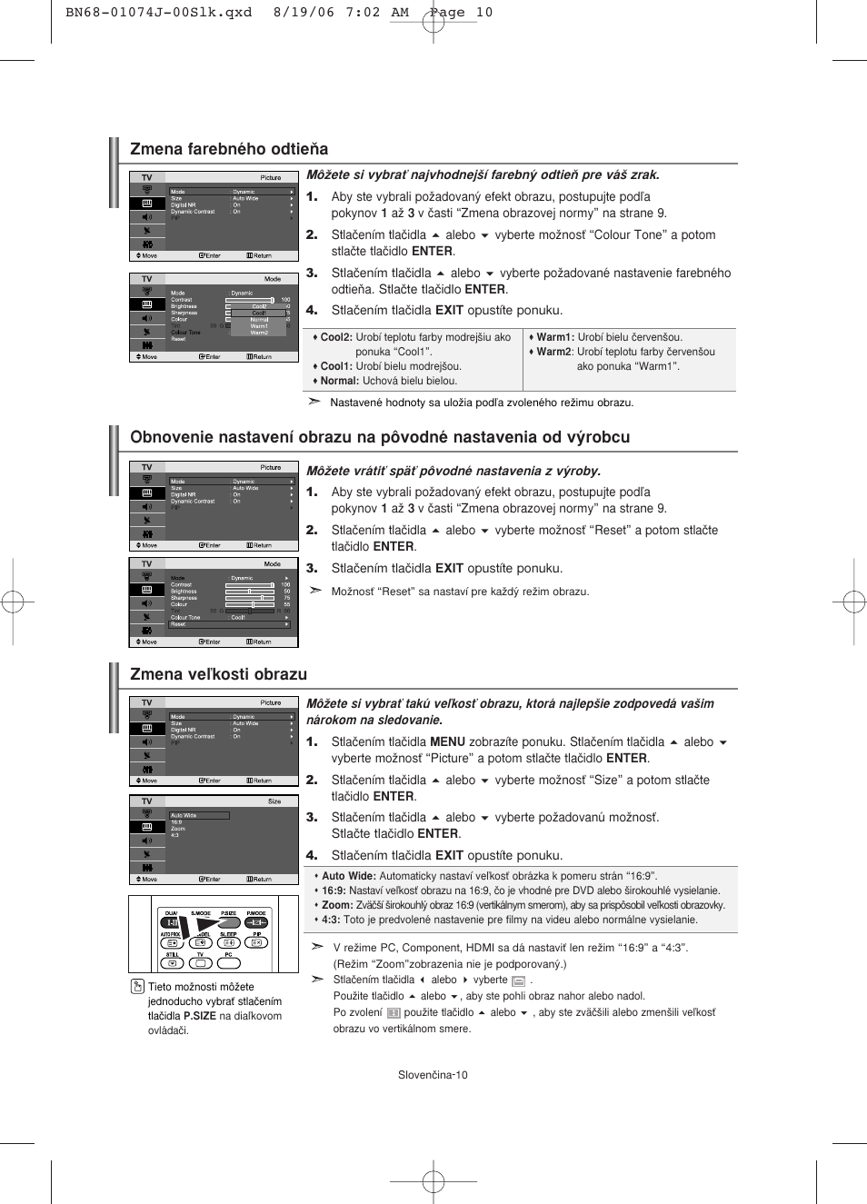 Zmena veºkosti obrazu, Zmena farebného odtieàa | Samsung LE23R71W User Manual | Page 117 / 171