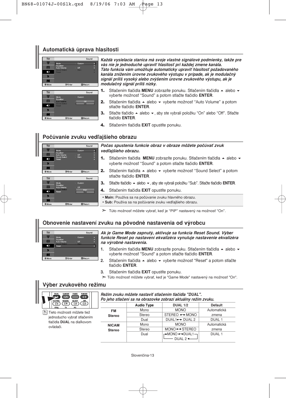 Automatická úprava hlasitosti, Poãúvanie zvuku vedºaj‰ieho obrazu, V˘ber zvukového reïimu | Samsung LE23R71W User Manual | Page 120 / 171