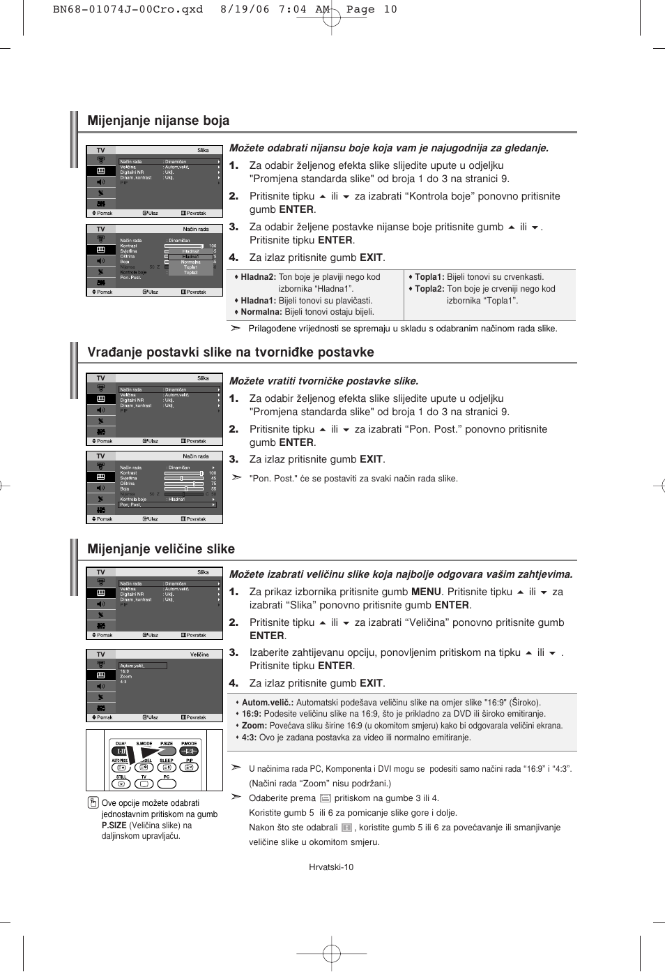 Vra√anje postavki slike na tvorni√ke postavke, Mijenjanje veliãine slike, Mijenjanje nijanse boja | Samsung LE23R71W User Manual | Page 138 / 171