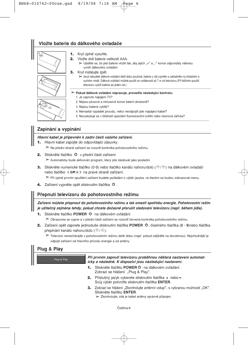 Plug & play, Vloïte baterie do dálkového ovladaãe | Samsung LE23R71W User Manual | Page 155 / 171