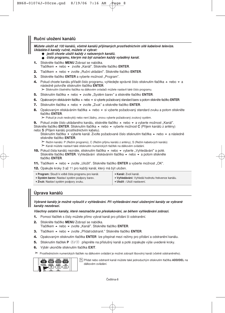 Ruãní uloïení kanálû, Úprava kanálû | Samsung LE23R71W User Manual | Page 157 / 171