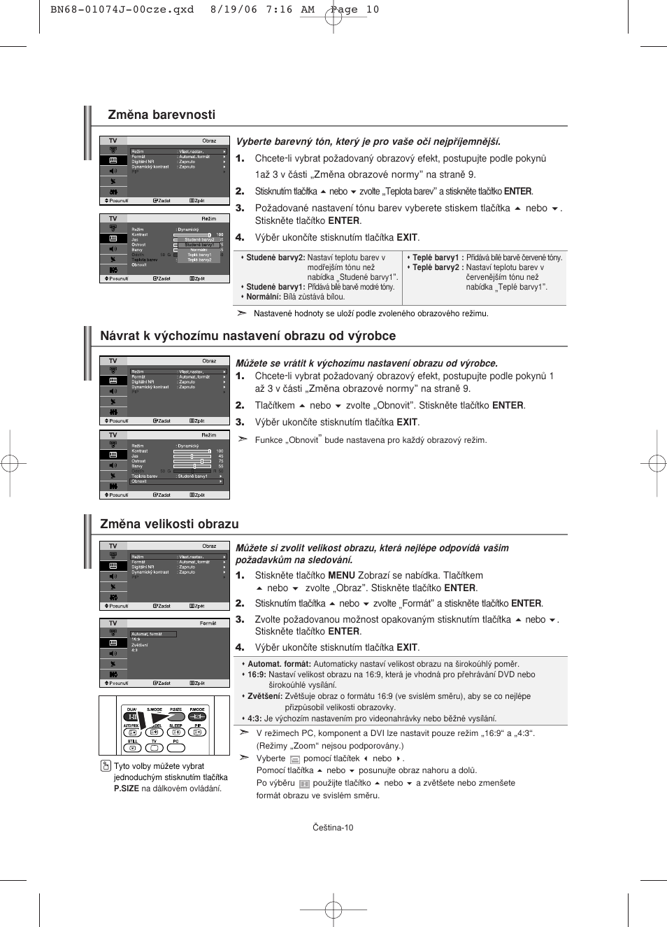 Návrat k v˘chozímu nastavení obrazu od v˘robce, Zmûna velikosti obrazu, Zmûna barevnosti | Samsung LE23R71W User Manual | Page 159 / 171