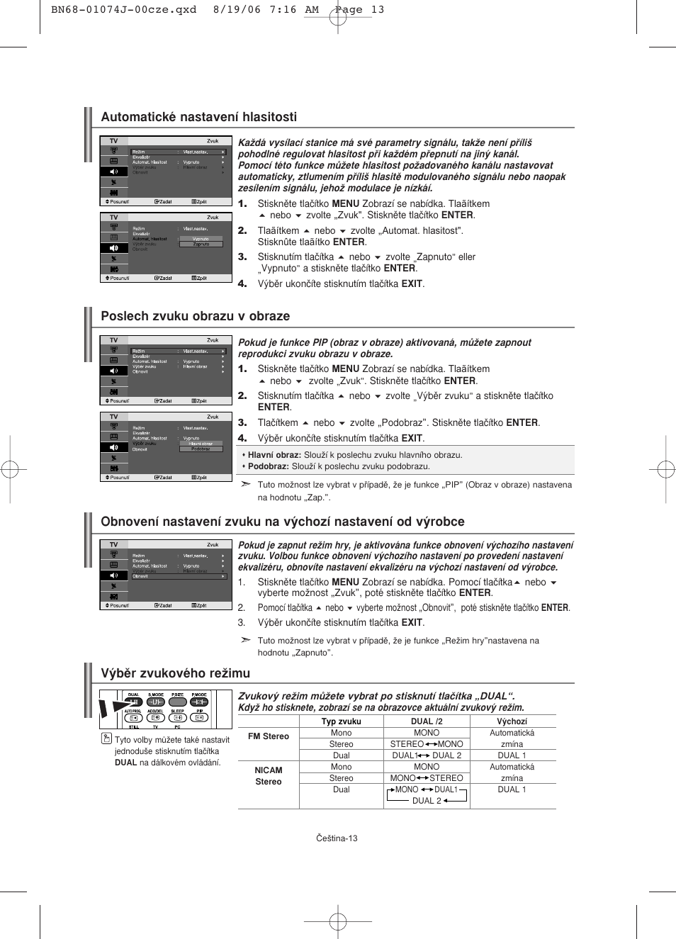 Automatické nastavení hlasitosti, V˘bûr zvukového reïimu, Poslech zvuku obrazu v obraze | Samsung LE23R71W User Manual | Page 162 / 171