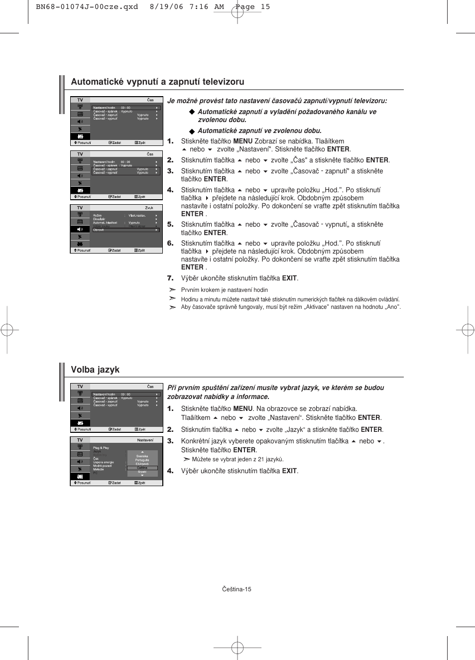 Automatické vypnutí a zapnutí televizoru, Volba jazyk | Samsung LE23R71W User Manual | Page 164 / 171