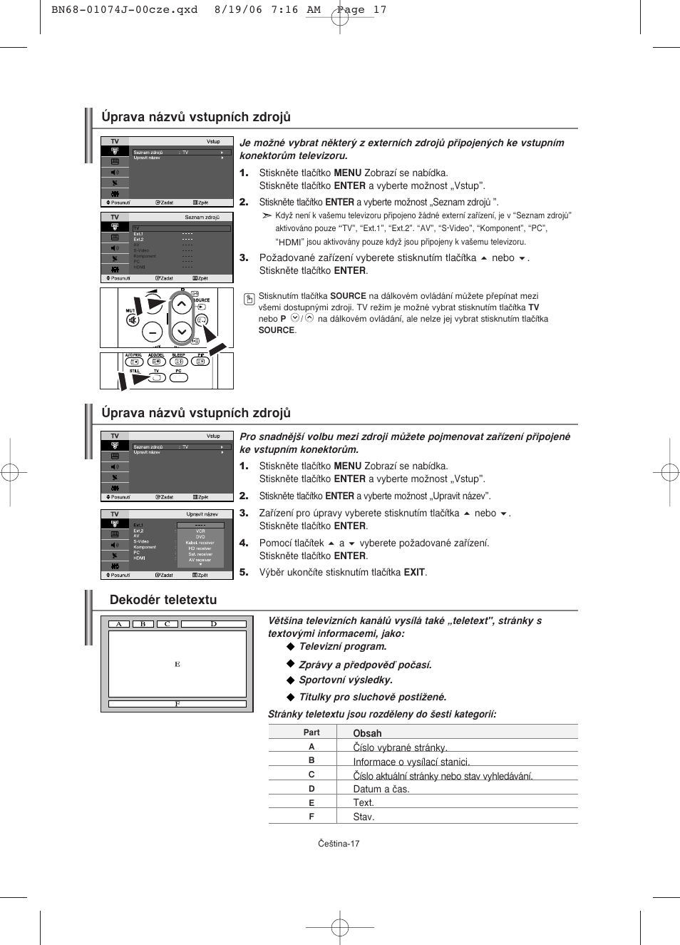 Dekodér teletextu, Úprava názvû vstupních zdrojû | Samsung LE23R71W User Manual | Page 166 / 171