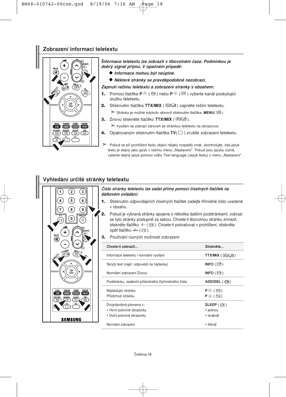 Zobrazení informací teletextu, Vyhledání urãité stránky teletextu | Samsung LE23R71W User Manual | Page 167 / 171