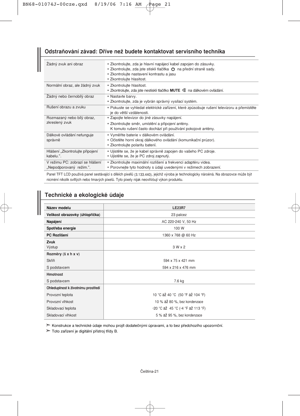 Technické a ekologické údaje | Samsung LE23R71W User Manual | Page 170 / 171