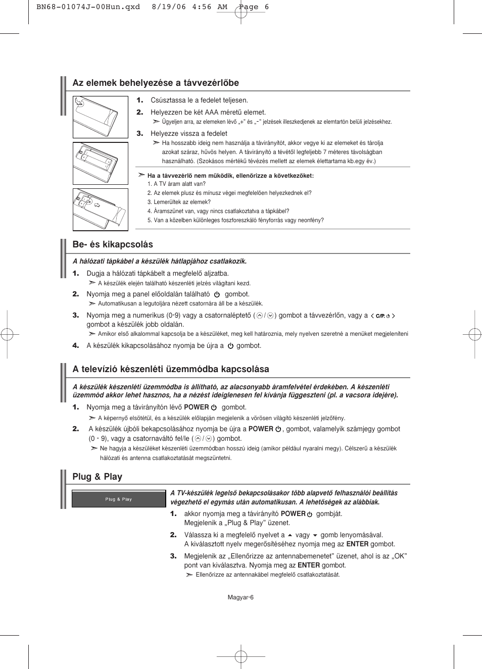 Plug & play, Az elemek behelyezése a távvezérlœbe | Samsung LE23R71W User Manual | Page 29 / 171