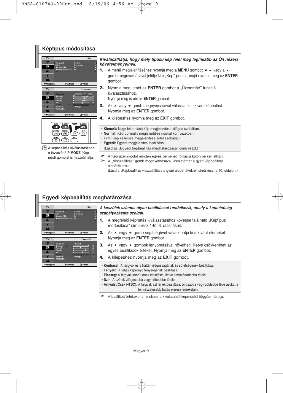 Képtípus módosítása, Egyedi képbeállítás\ meghatározása | Samsung LE23R71W User Manual | Page 32 / 171