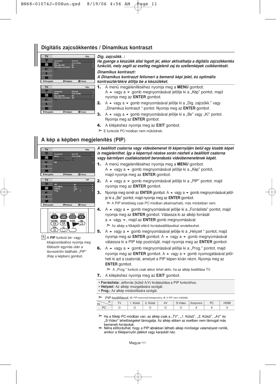 A kép a képben megjelenítés (pip), Digitális zajcsökkentés / dinamikus kontraszt | Samsung LE23R71W User Manual | Page 34 / 171