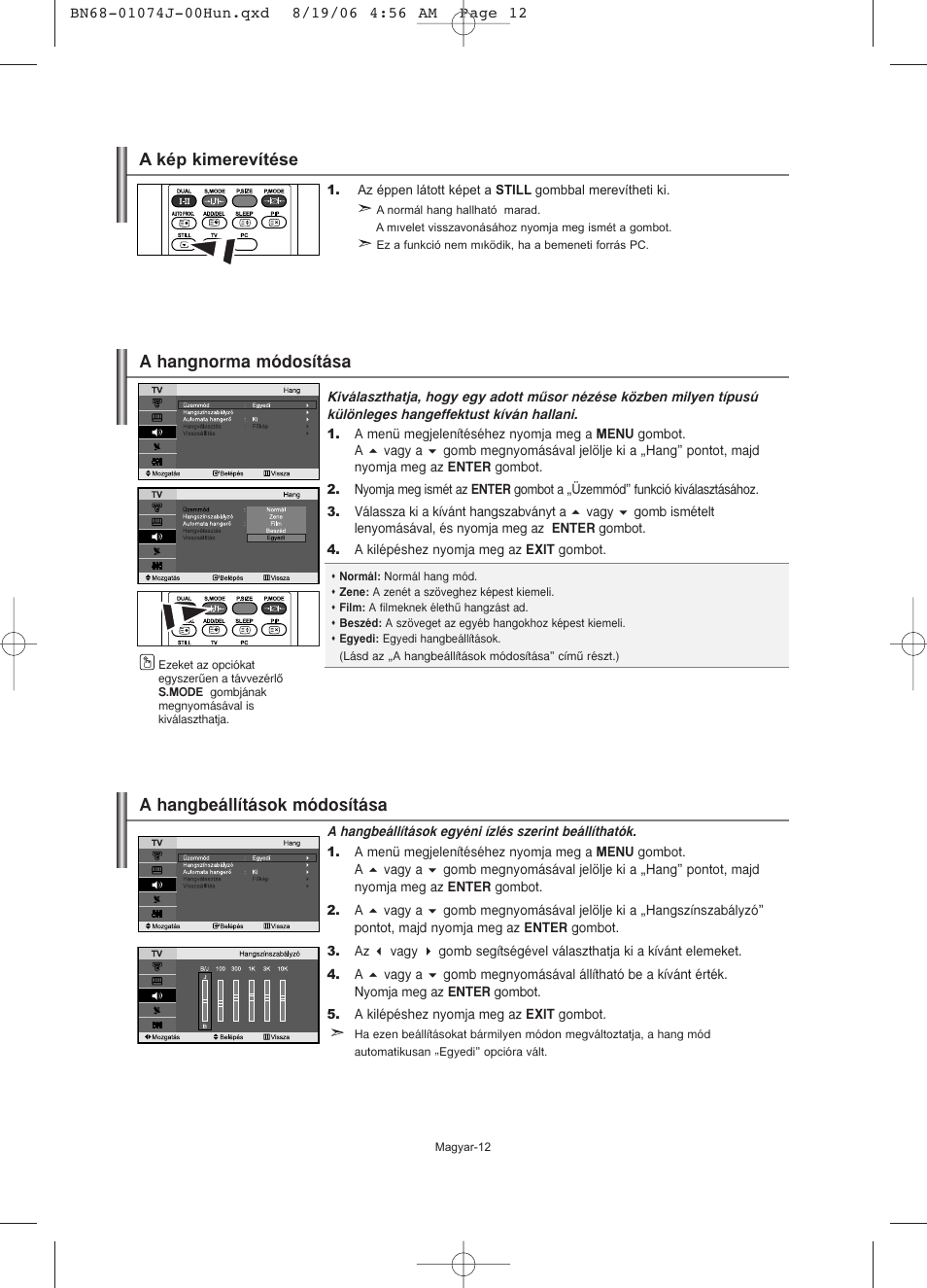 A hangbeállítások módosítása, A hangnorma módosítása, A kép kimerevítése | Samsung LE23R71W User Manual | Page 35 / 171