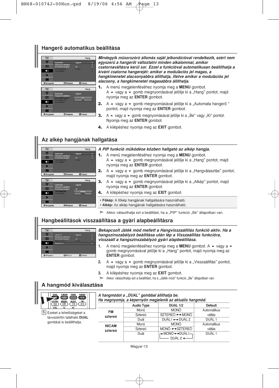 Hangerœ automatikus beállítása, Az alkép hangjának hallgatása | Samsung LE23R71W User Manual | Page 36 / 171