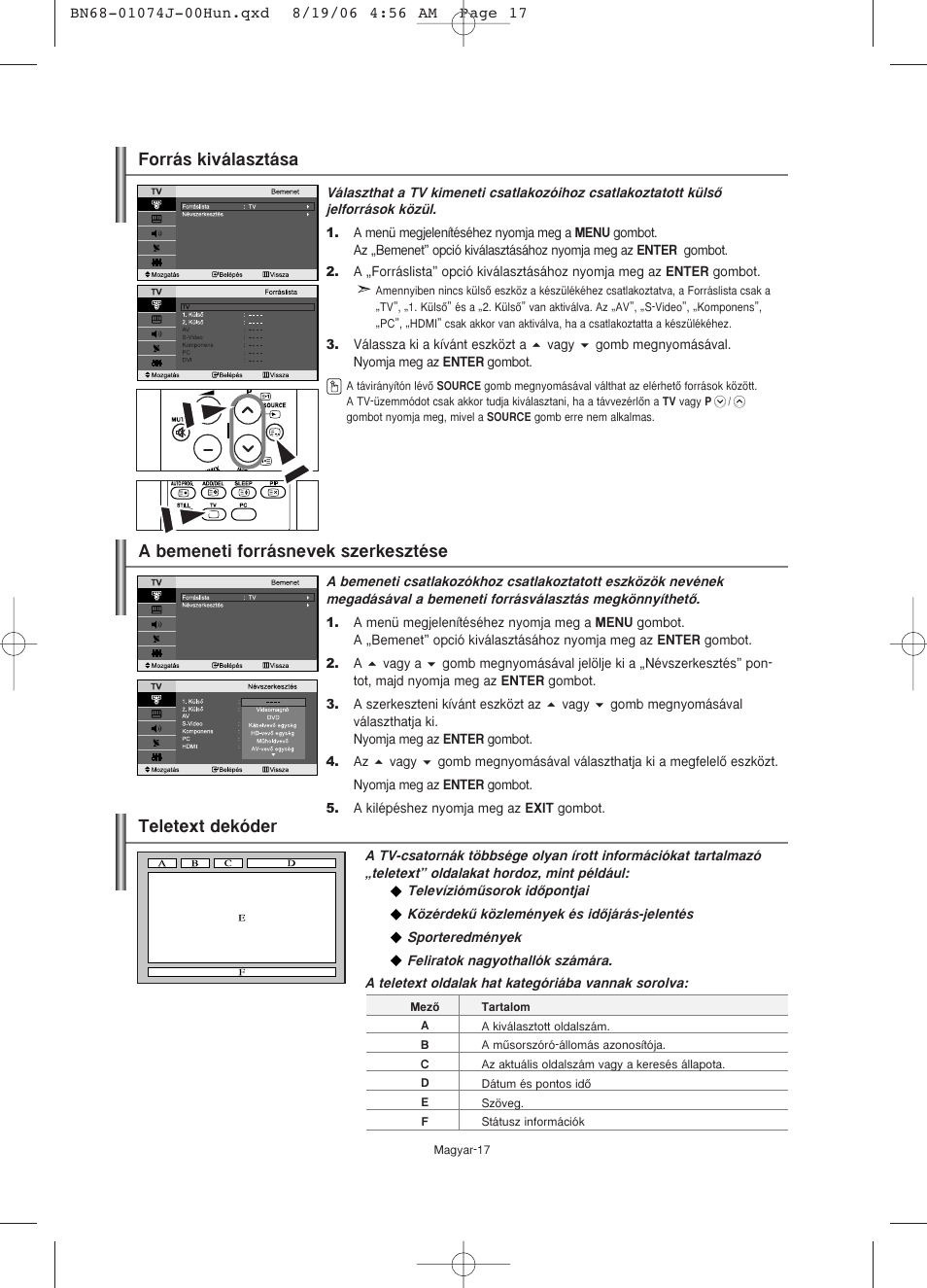 Teletext dekóder, A bemeneti forrásnevek szerkesztése, Forrás kiválasztása | Samsung LE23R71W User Manual | Page 40 / 171