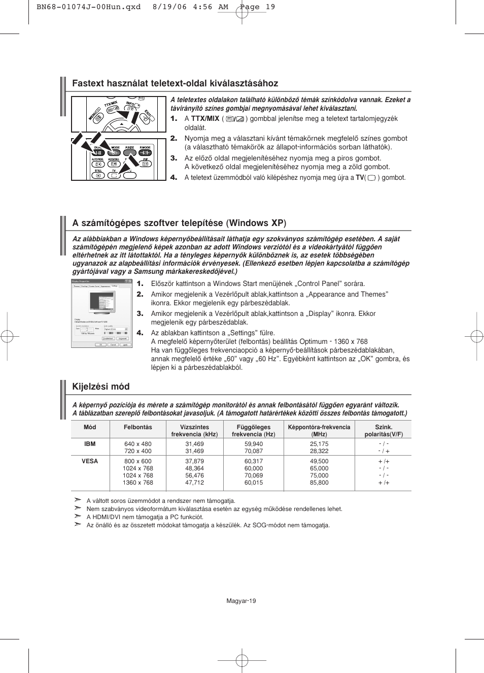 Fastext használat teletext-oldal kiválasztásához, A számítógépes szoftver telepítése (windows xp), Kijelzési mód | Samsung LE23R71W User Manual | Page 42 / 171