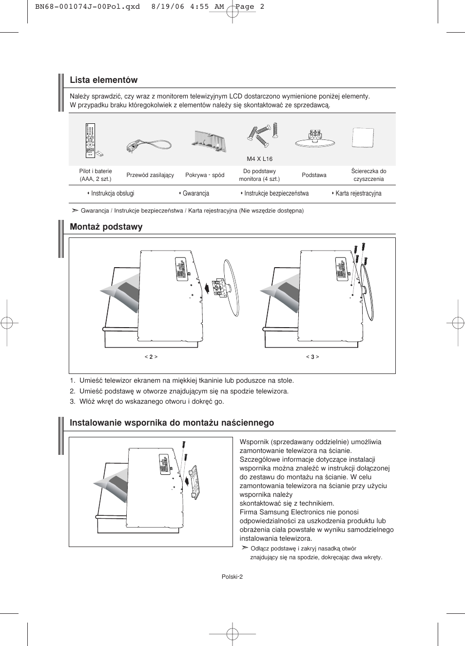 Lista elementów, Monta˝ podstawy, Instalowanie wspornika do monta˝u naêciennego | Samsung LE23R71W User Manual | Page 46 / 171