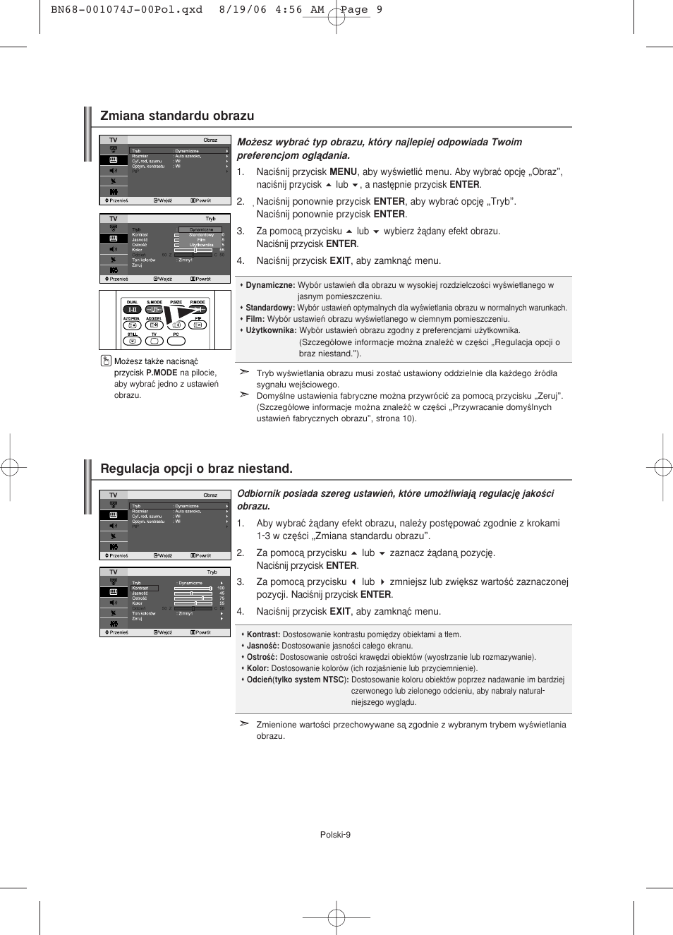 Zmiana standardu obrazu, Regulacja opcji o braz niestand | Samsung LE23R71W User Manual | Page 53 / 171