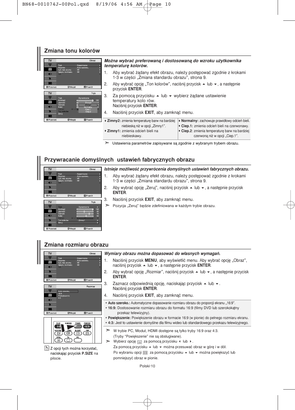 Zmiana rozmiaru obrazu, Zmiana tonu kolorów | Samsung LE23R71W User Manual | Page 54 / 171