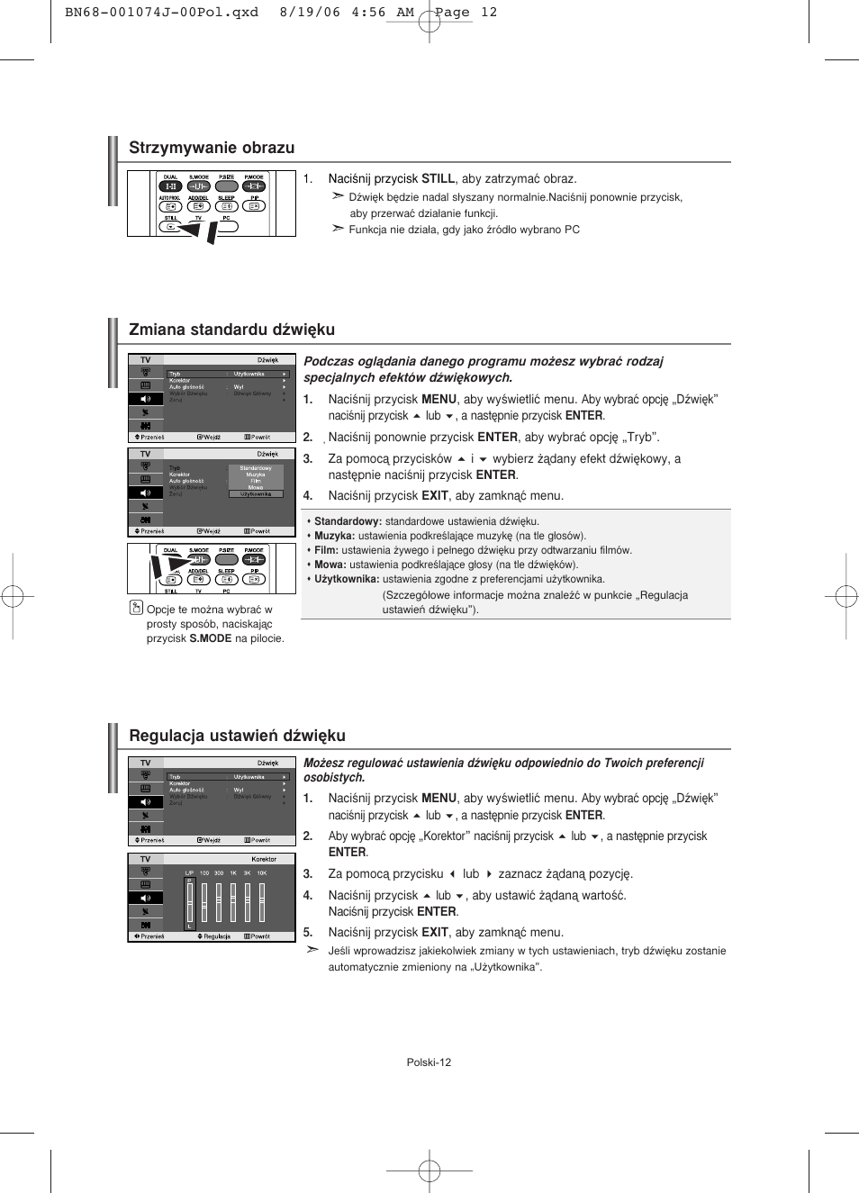 Regulacja ustawieƒ dêwi´ku, Zmiana standardu dêwi´ku, Strzymywanie obrazu | Samsung LE23R71W User Manual | Page 56 / 171