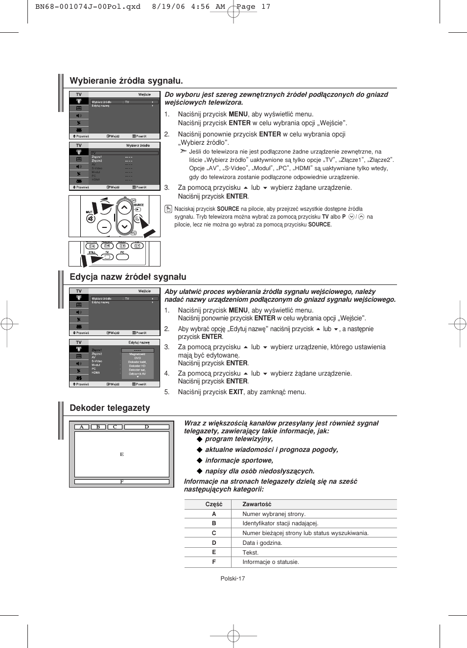 Dekoder telegazety, Edycja nazw êróde∏ sygna∏u, Wybieranie êród∏a sygna∏u | Samsung LE23R71W User Manual | Page 61 / 171