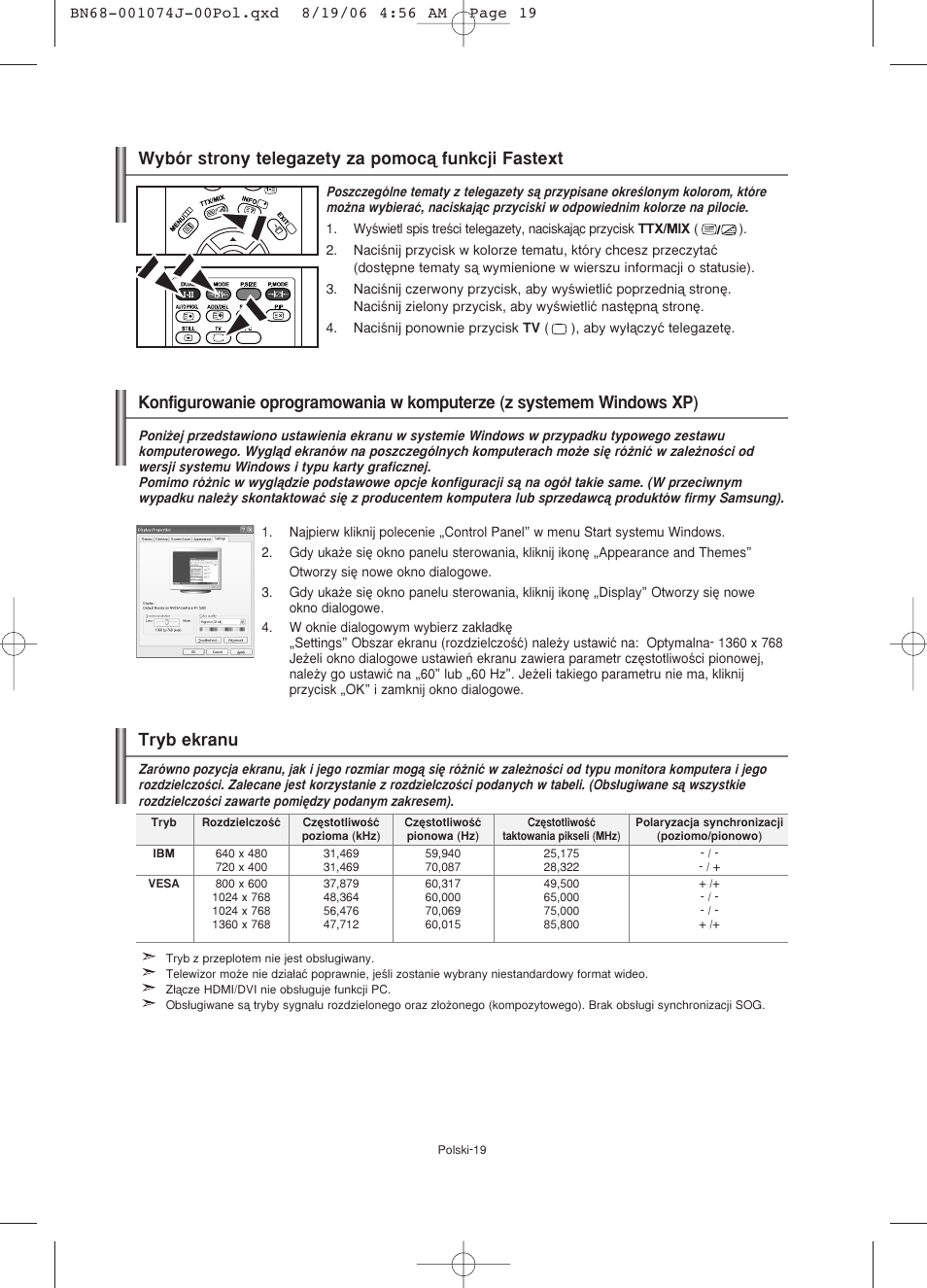 Wybór strony telegazety za pomocà funkcji fastext, Tryb ekranu | Samsung LE23R71W User Manual | Page 63 / 171