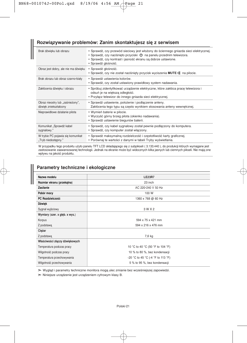 Parametry techniczne i ekologiczne | Samsung LE23R71W User Manual | Page 65 / 171