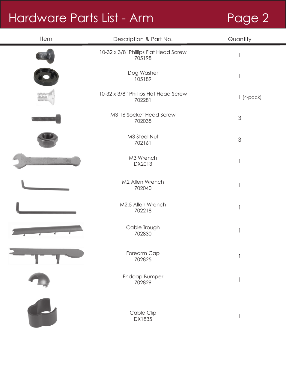 Hardware parts list - arm page 2 | Innovative Office Products 7000 User Manual | Page 3 / 12