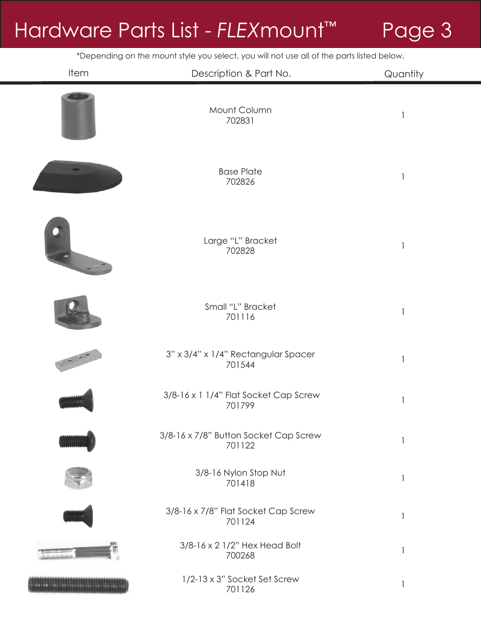 Hardware parts list - flex mount, Page 3 | Innovative Office Products 7000 User Manual | Page 4 / 12