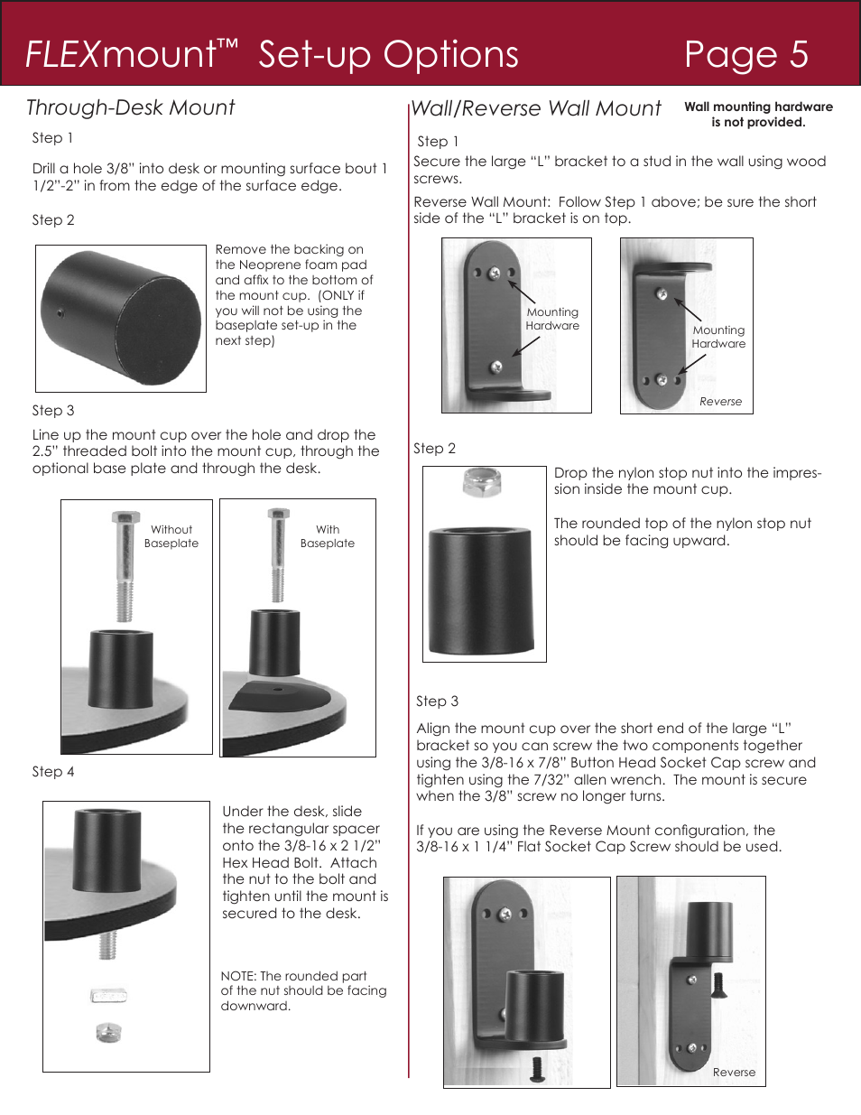 Flex mount, Set-up options page 5, Through-desk mount wall/reverse wall mount | Innovative Office Products 7000 User Manual | Page 6 / 12