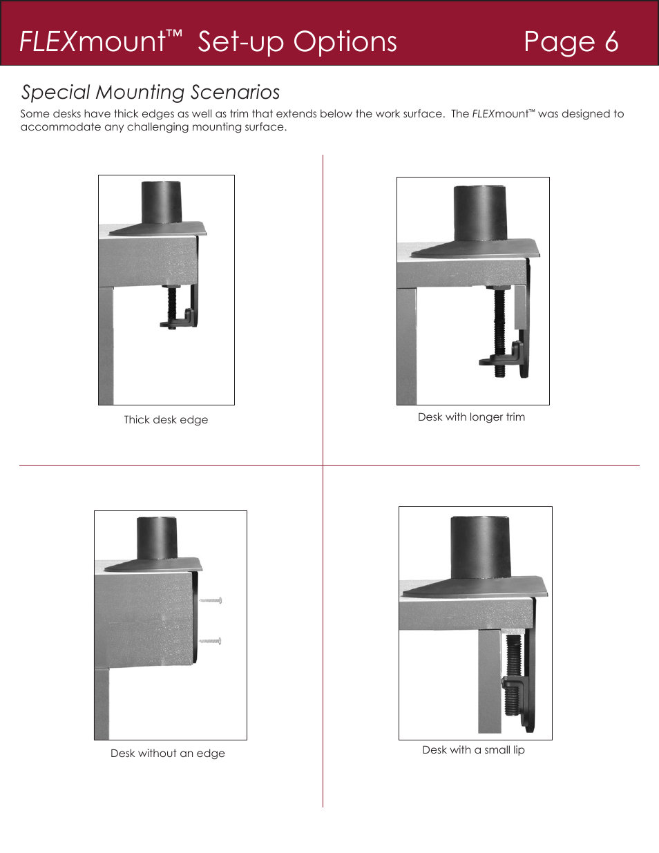 Flex mount, Set-up options page 6, Special mounting scenarios | Innovative Office Products 7000 User Manual | Page 7 / 12