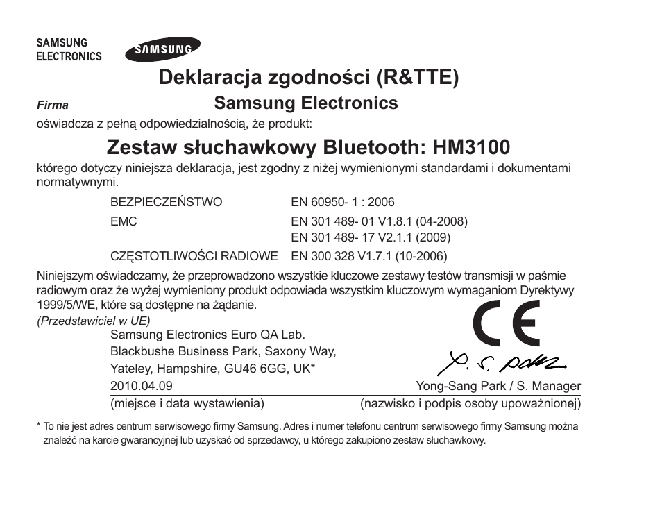 Deklaracja zgodności (r&tte), Zestaw słuchawkowy bluetooth: hm3100, Samsung electronics | Samsung BHM3100 User Manual | Page 81 / 161