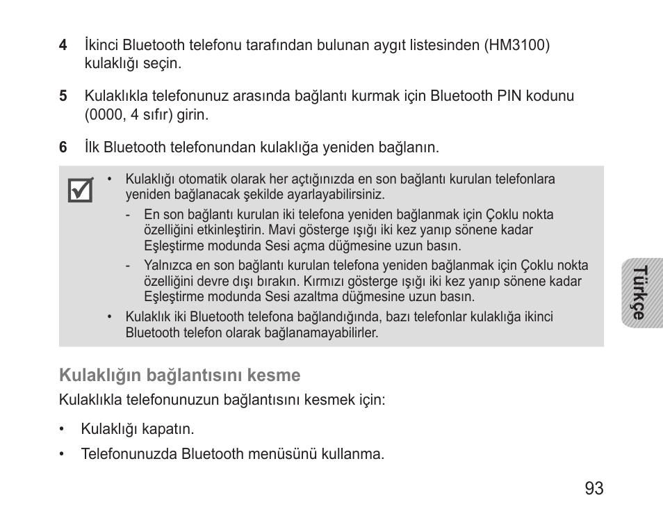 Türkçe 93, Kulaklığın bağlantısını kesme | Samsung BHM3100 User Manual | Page 95 / 161